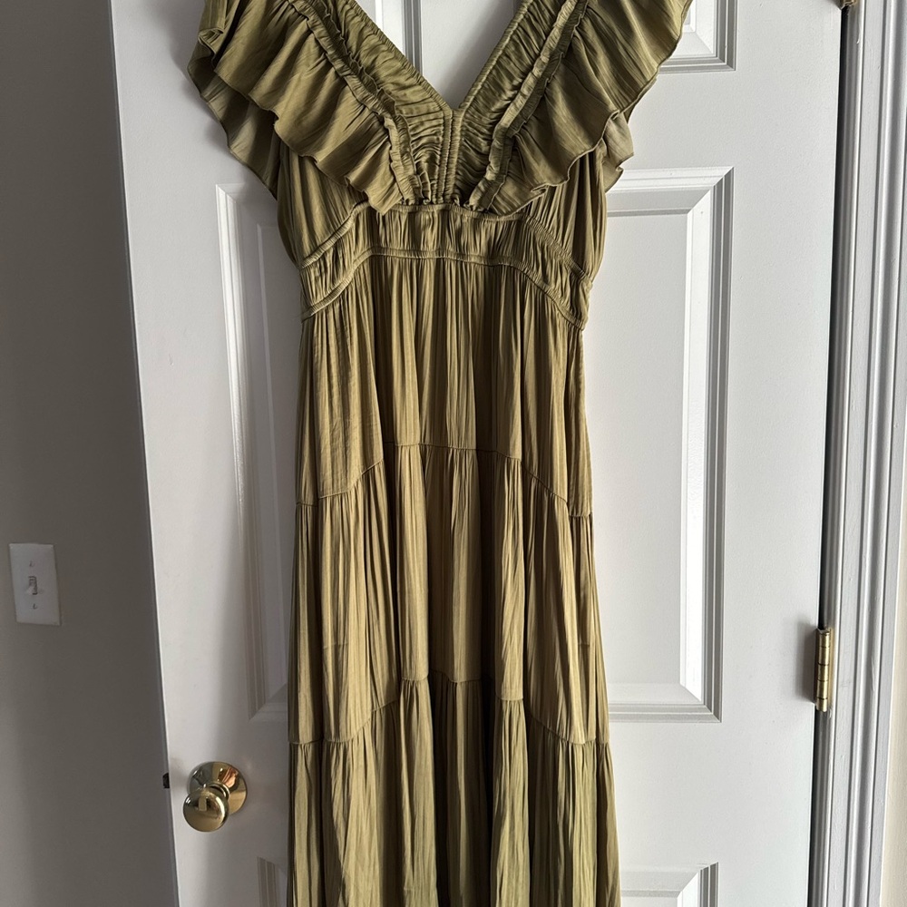 Tahari Olive Maxi Dress with Ruffled Sleeves